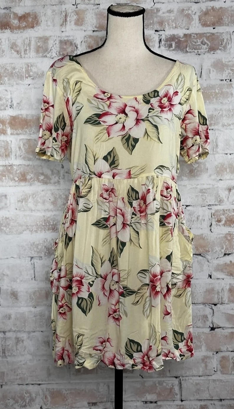 Vintage Moda Int’l Shirt Dress Floral Tropical Hawaiian Hibiscus Luau Yellow