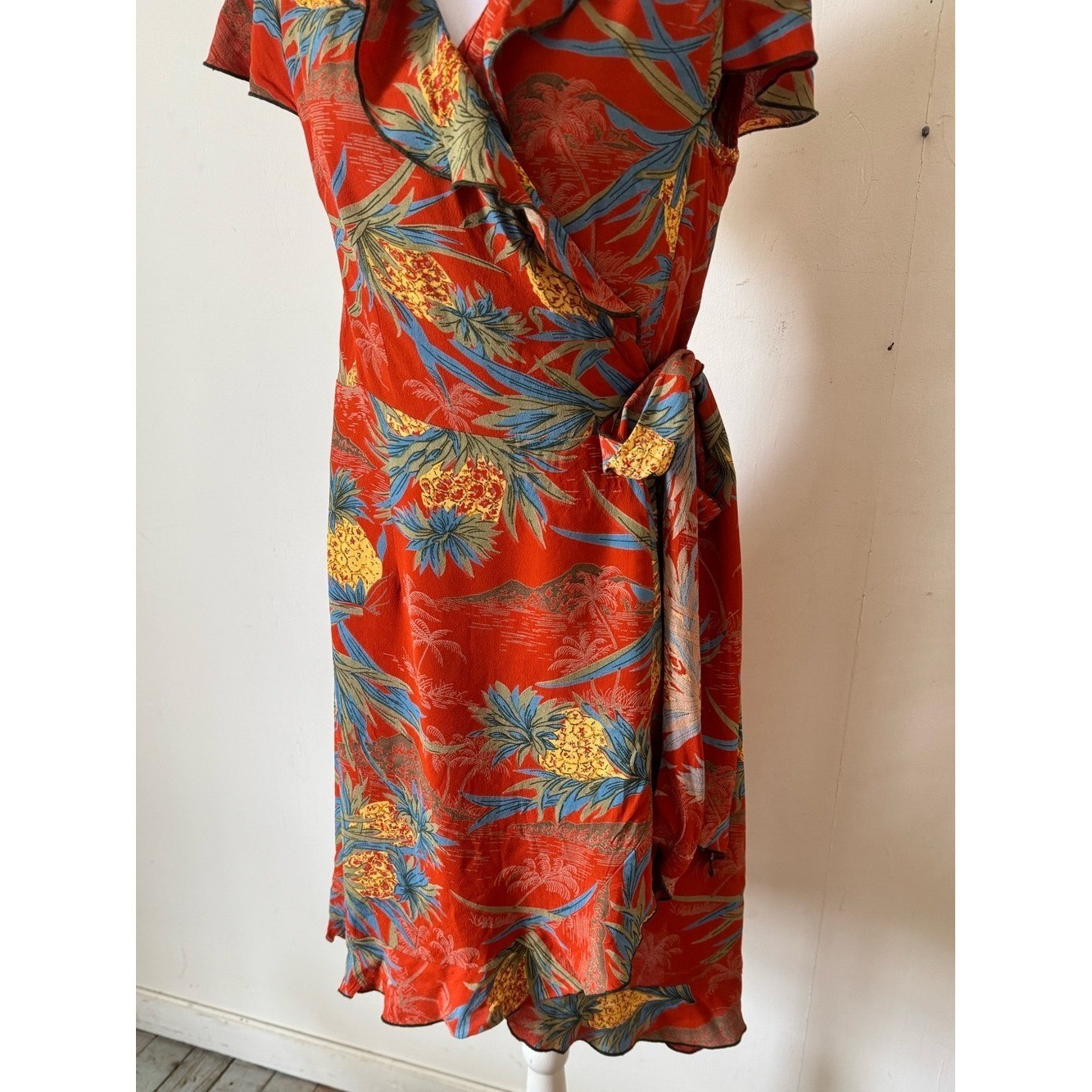 Vintage Diva Dollz Wrap Dress Hawaiian Print Pineapple Coastal Tropical Medium