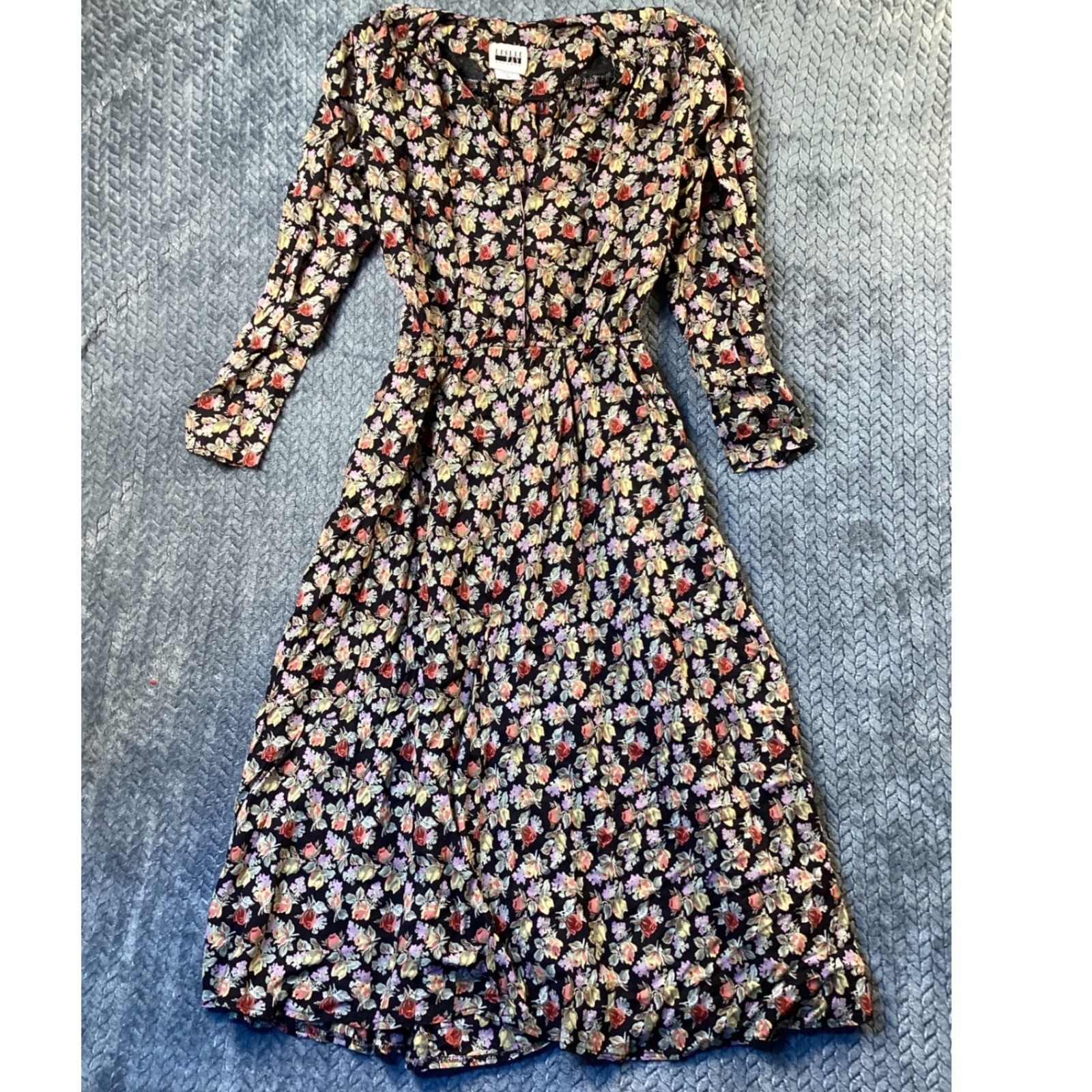 Vintage Leslie Fay Floral Midi Dress Black Long Sleeve 90s USA Made Size 8