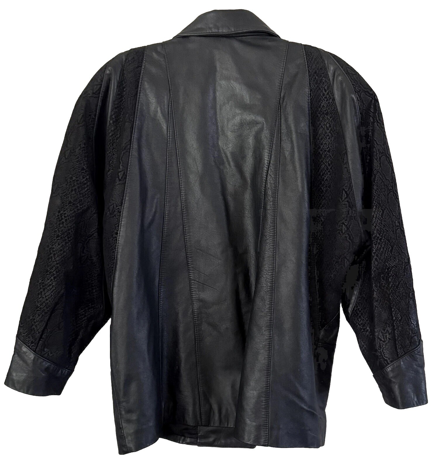 Vtg 80s Preston & York Leather Coat sz M BLack Embossed Paisley Suede Modern