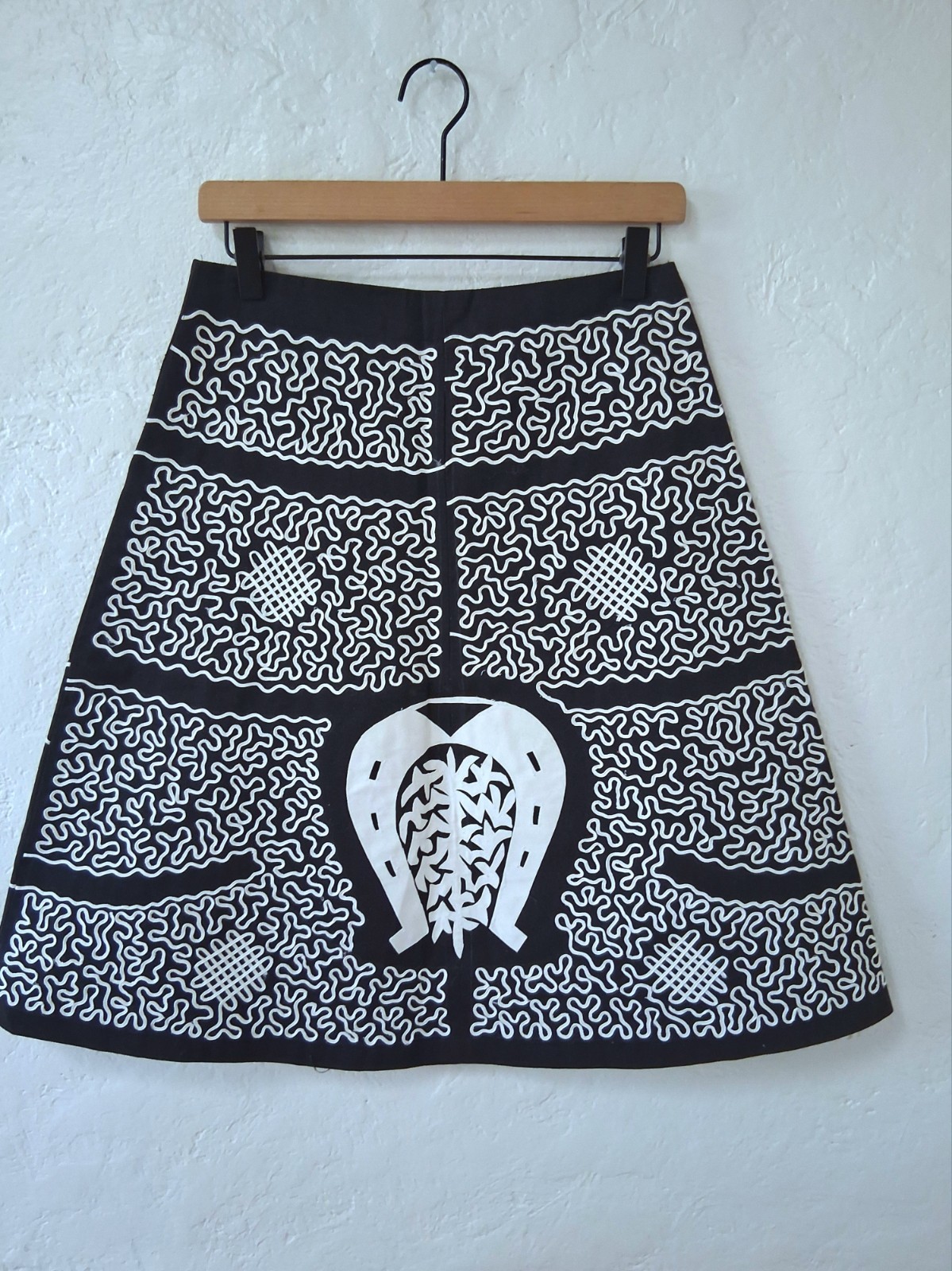 1950s Mexican Tourist Skirt Suede Applique Aztec Calendar Soutache Folk Art