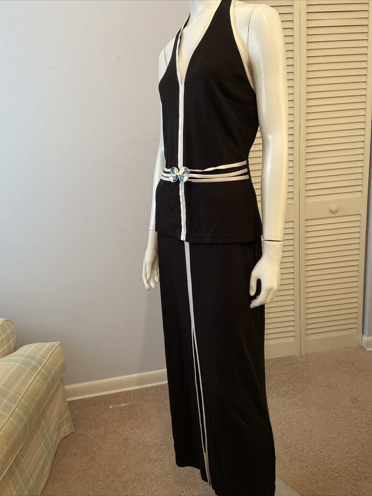 Vtg CHIC JOSEPH RIBKOFF 2 PC Halter Top Skirt Black With White Trim Slit Sz 10