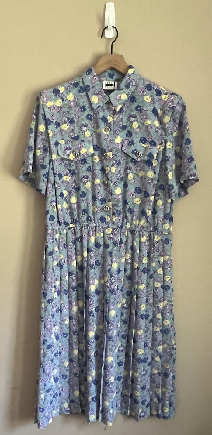 Vintage Shirt Dress Floral Print Blue 16 16P Secretary Leslie Fay Grandma 90s