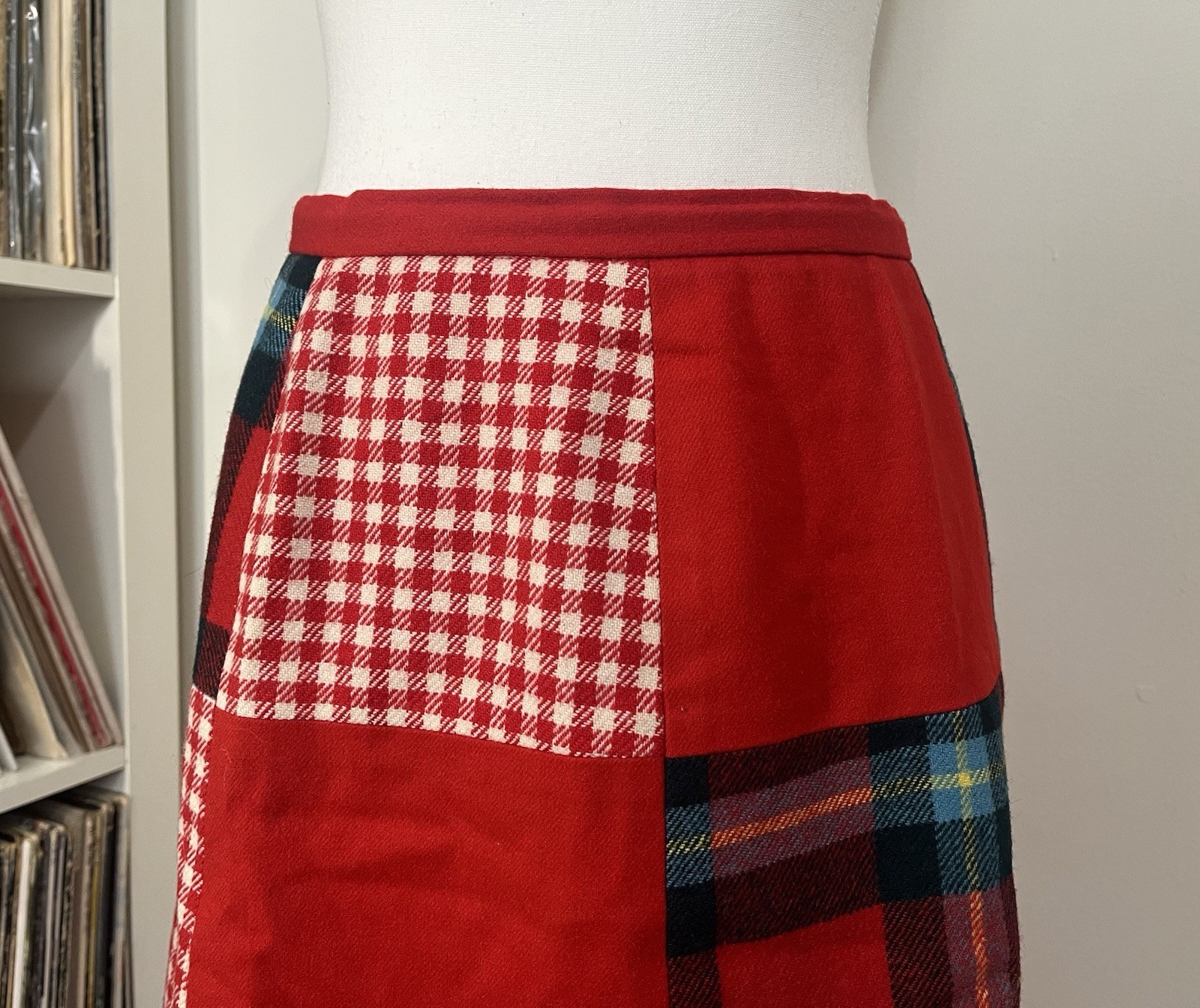 Vintage 70’s Agile Florence Walsh Wool Red Multi Plaid Patchwork Skirt Women’s 4