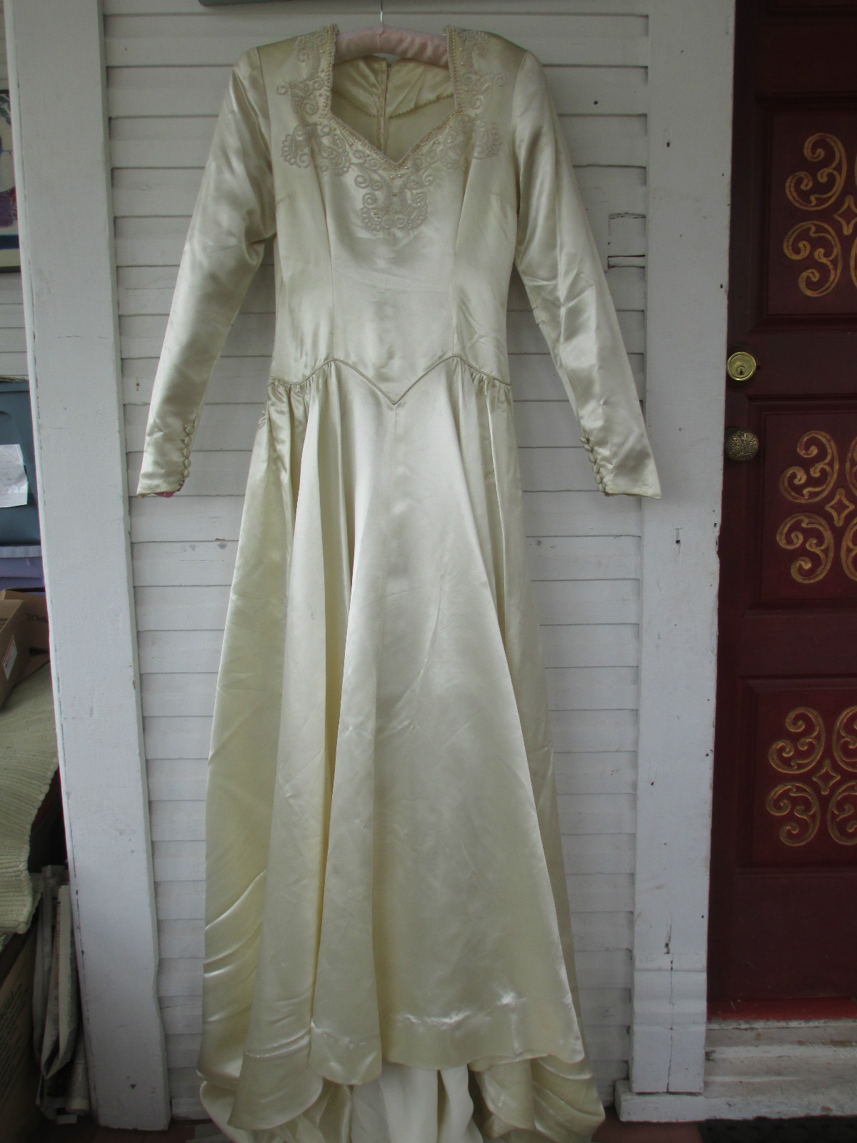 Vintage Wedding Dress Handmade Liquid/Ivory Satin w/Train Circa 1930’s small