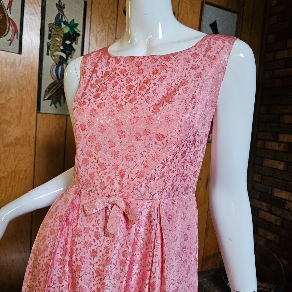 Vtg 60s Pink Brocade Empire Sleeveless Bridesmaid Formal Party Maxi Dress XS/S