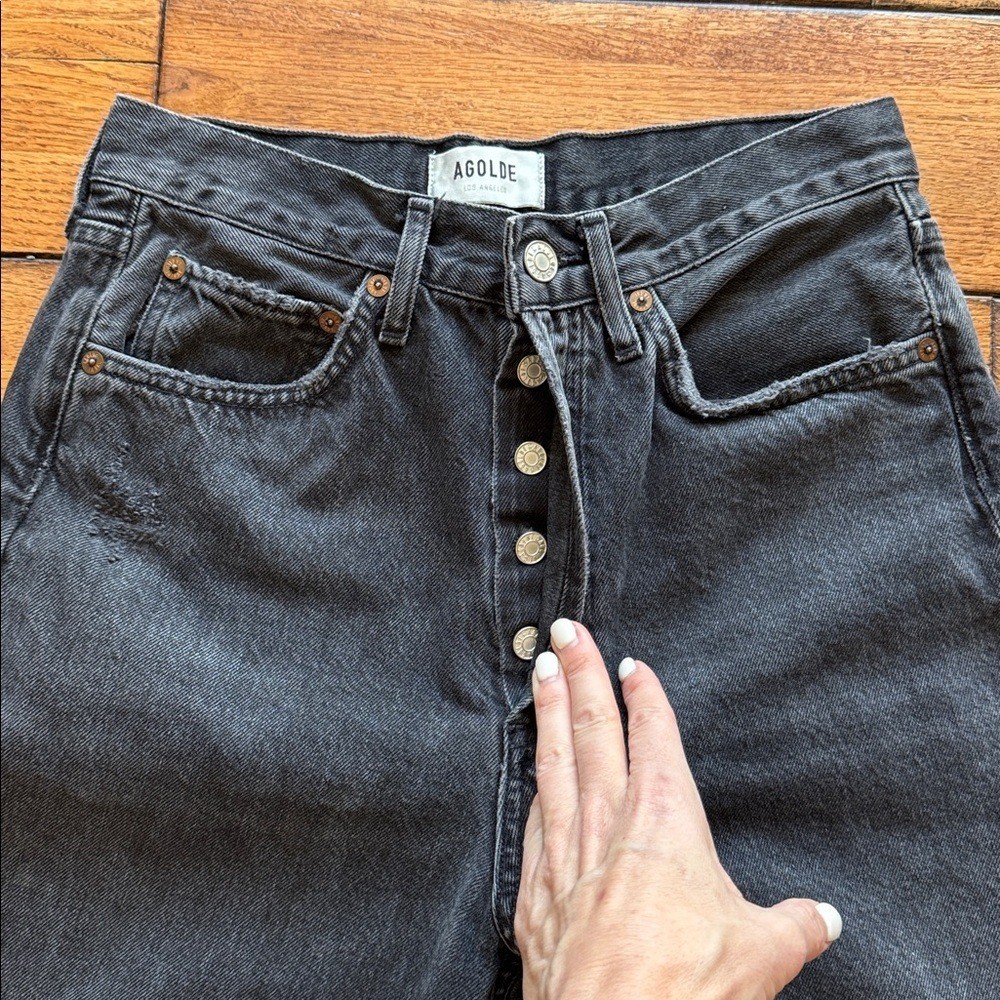 AGOLDE 90s Mid Rise Loose Fit in Vagabond Washed Black Sz 25 Distressed Boho