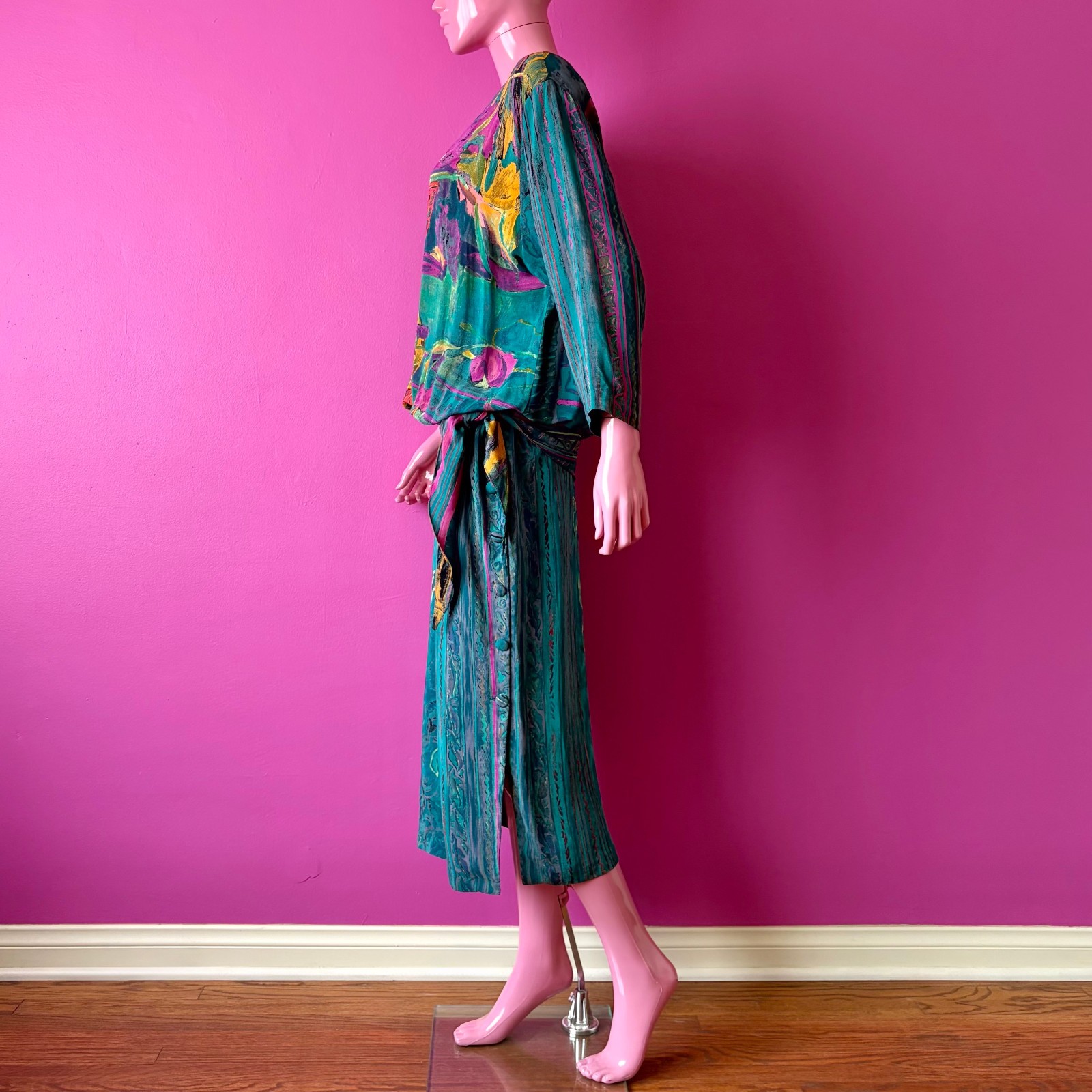 Vintage 80s 8 Midi Dress Dropwaist Teal Multi Abstract Floral Sash Long Sleeves