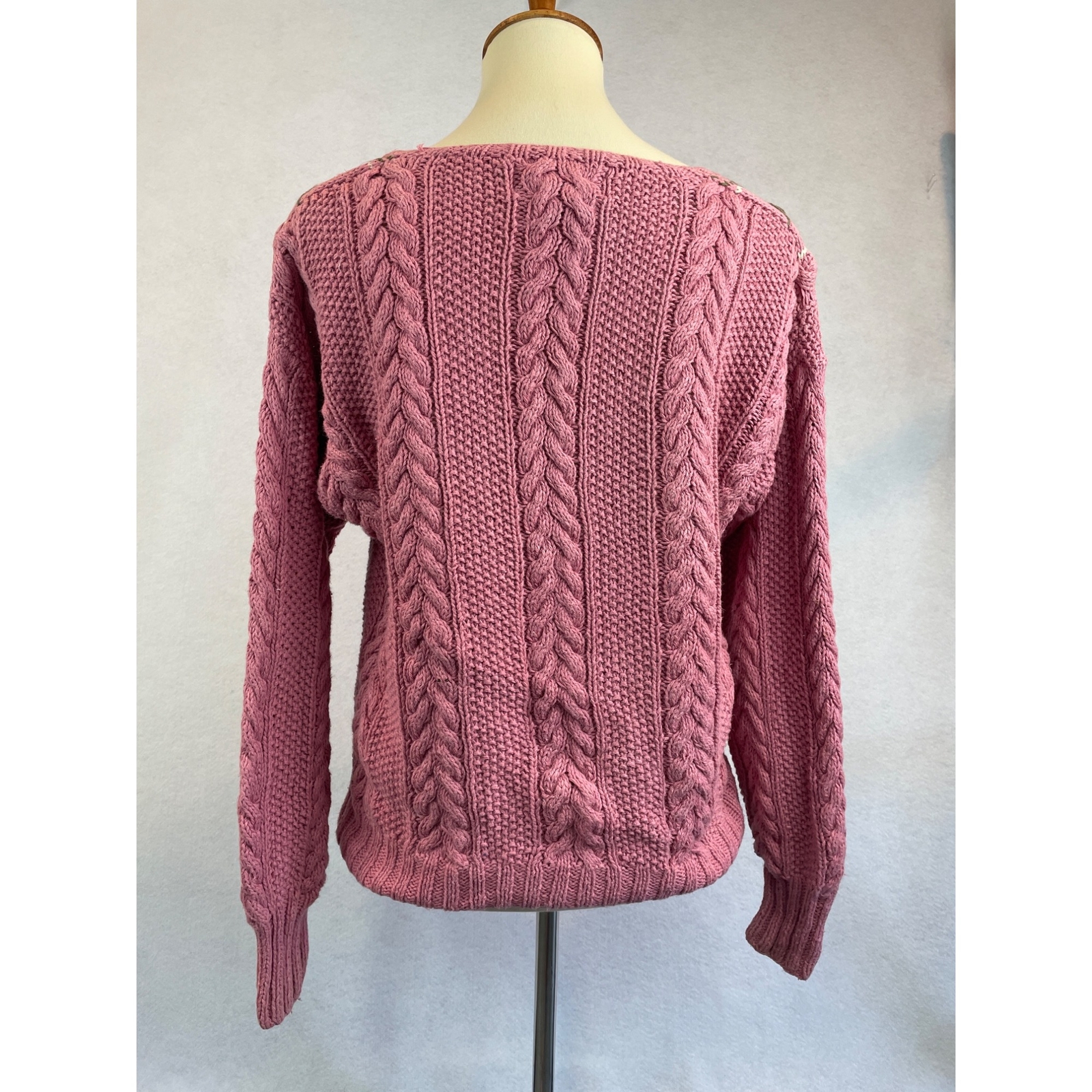 Vintage 80s 90s Melbourne Country Sweater Pink V Neck Floral Hand Knit Size M