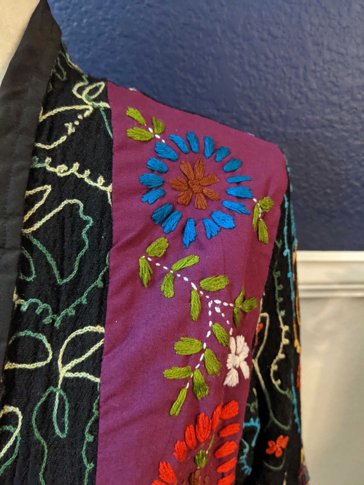 VTG Anu Wearable Art Embroidered Patchwork Tapestry Open Front Jacket Sz Large L