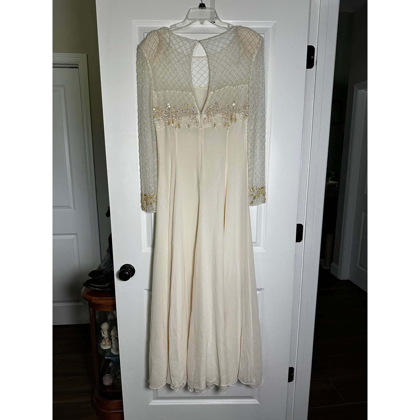 Jovani Vintage Pure Silk Beaded Sequin Long Sleeve Evening Gown Ivory Size 8