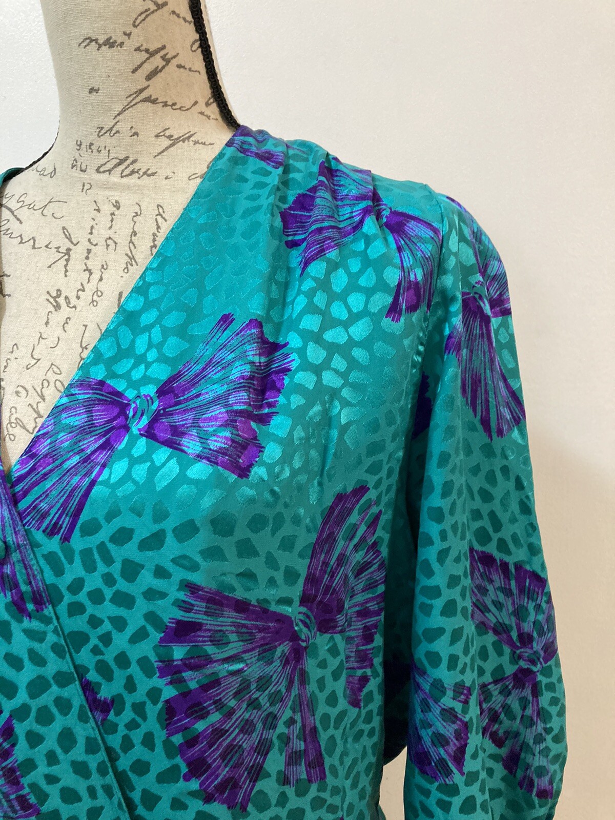 NORA NOH Asymmetric Blouse Maxi Skirt Set 100% Silk Jewel Green Purple Vtg 14