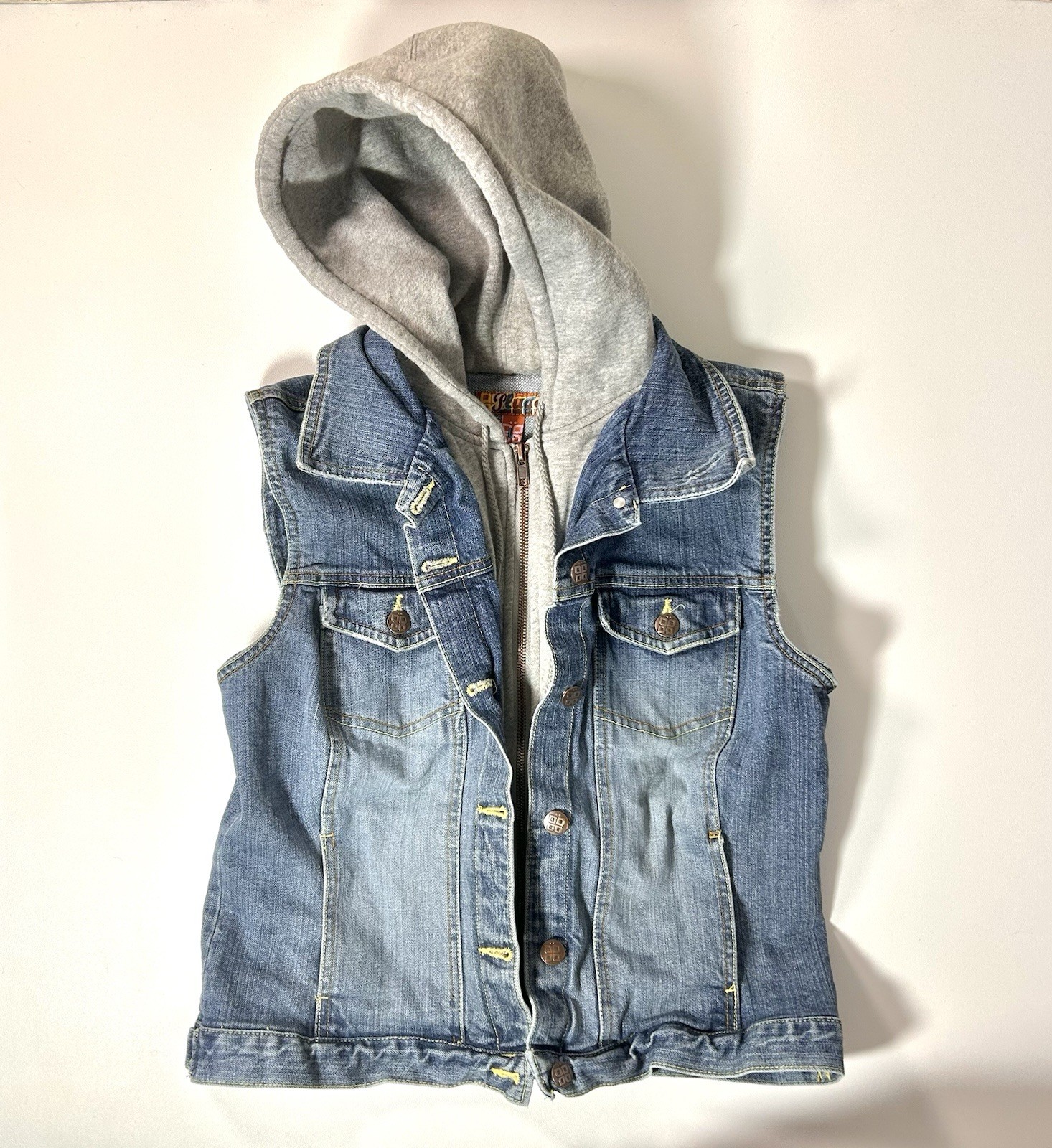 PLUGG Hooded Sweatshirt / Denim Layer Vest Size L Vintage Button Zip