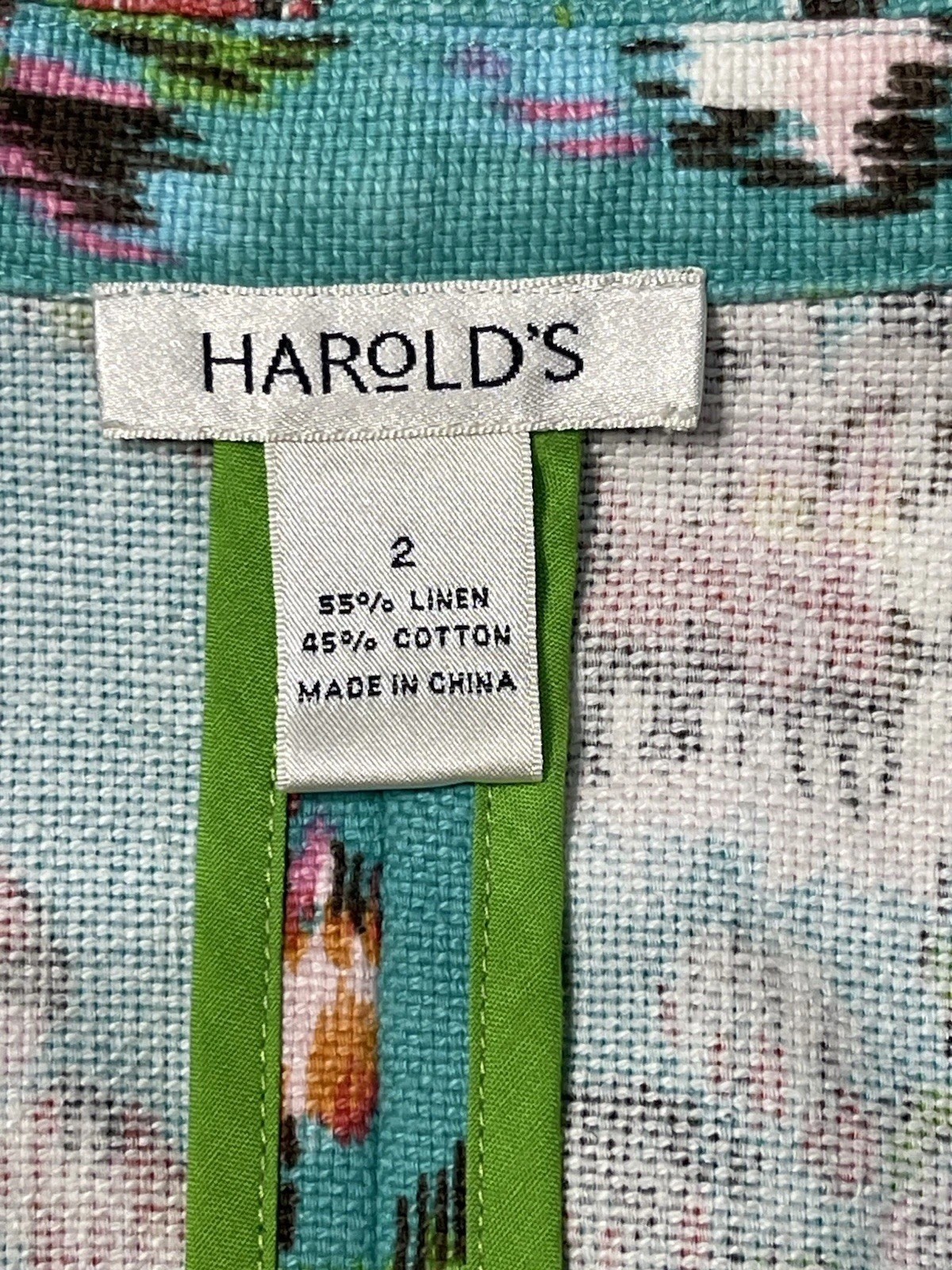 Harolds S~2 Jacket Green Floral BOHO Hippie Button Front Linen Blend Pink Flower