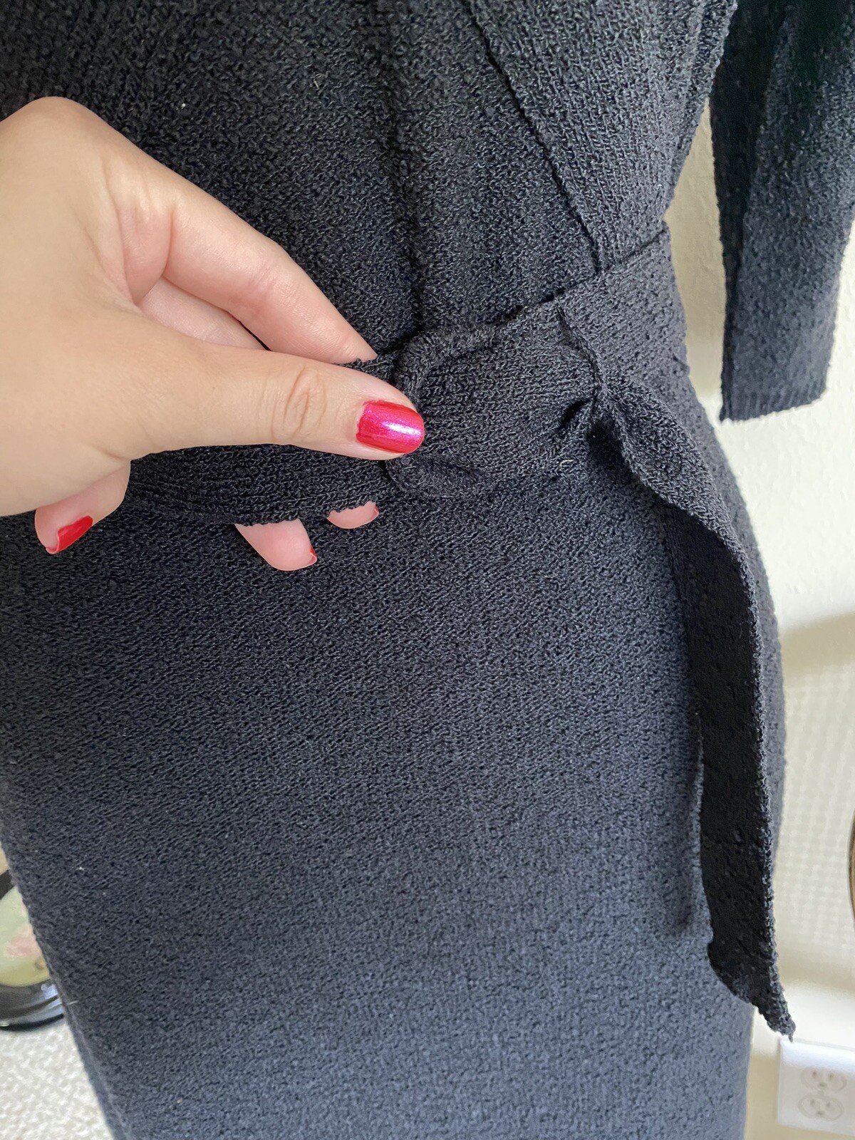 1930s Rare Black Hand-Knit Dress by Marinette w/ Belt