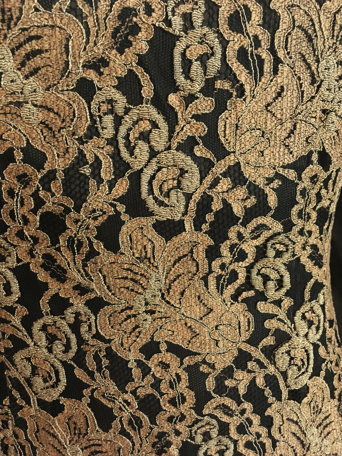 1980s Vintage Travilla YT Brown Sheer Draped Chiffon Gold Lace Cocktail Dress XS