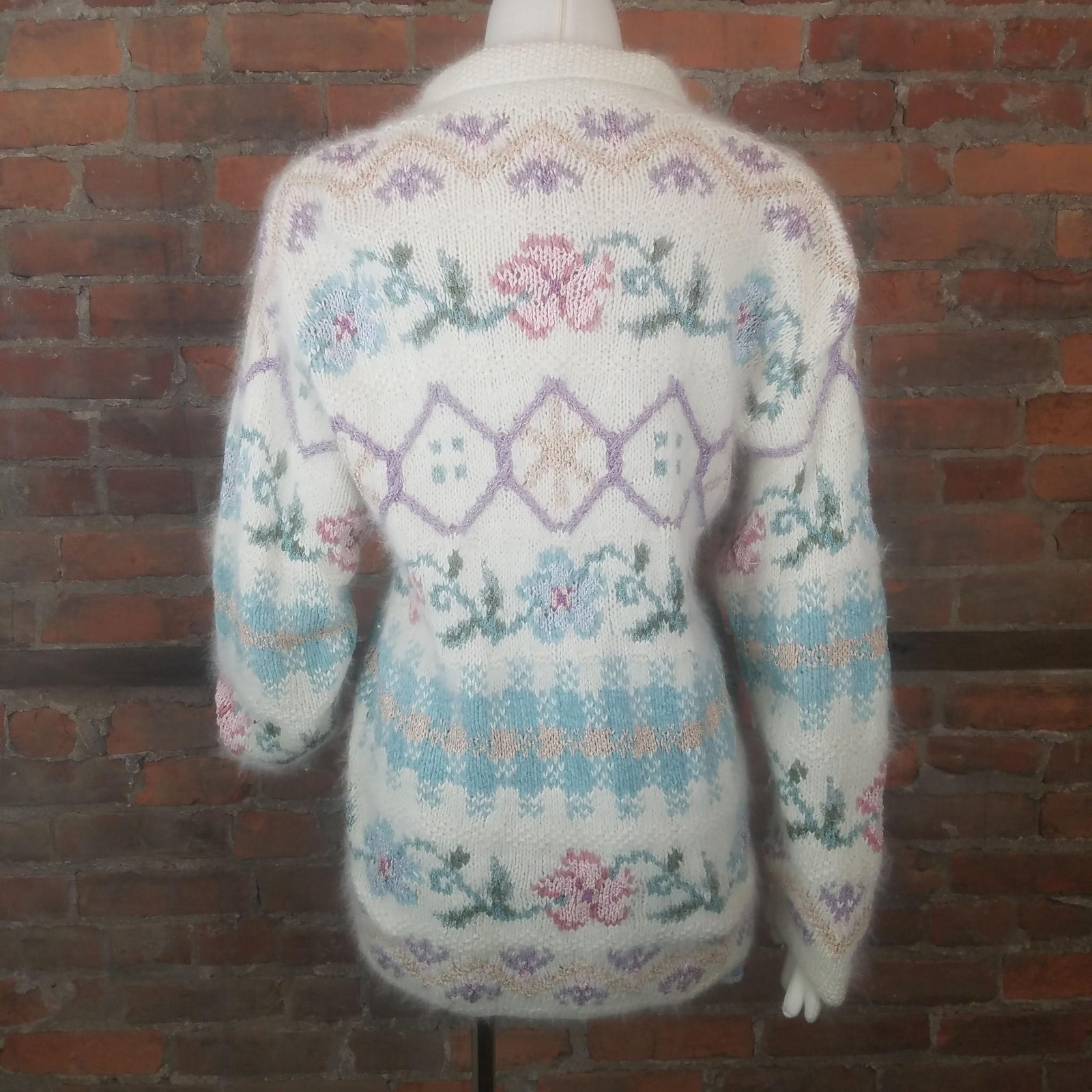 VTG Express Tricot Womens Fuzzy Cardigan Ivory Pastel HandKnit Silk Angora Sz S