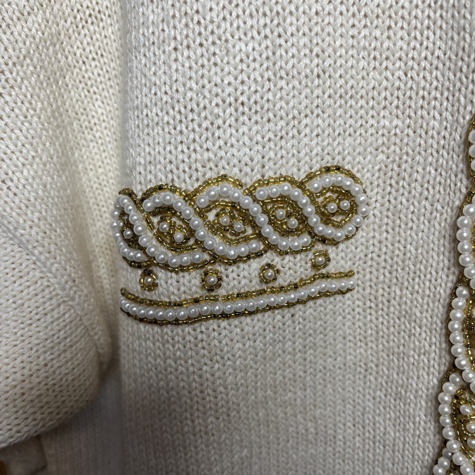 Victoria Harbour Vintage 80s Cream Pearl Embroidery Trim Sweater Large