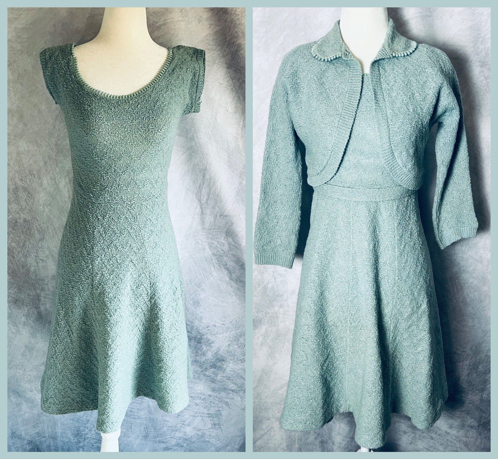 Vintage 1950s Lass O’ Scotland Knit Lt Blue Knit Dress & Bolero Bead Trim XS/S