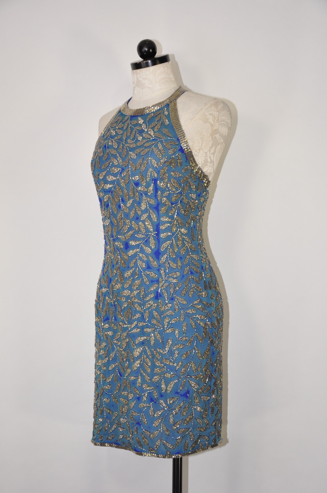 80s Vintage Blue Silk Silver Beaded Jeweled Leaves Backless Halter Mini Dress S