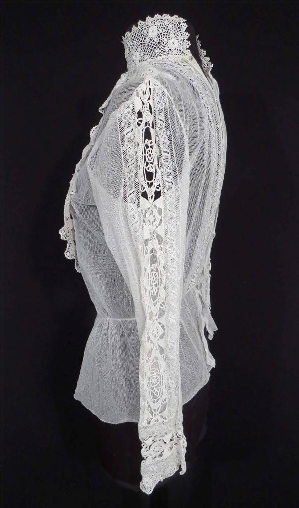 RARE ANTIQUE FRENCH VICTORIAN WHITE COTTON NET AND LACE BLOUSE SIZE 36-38