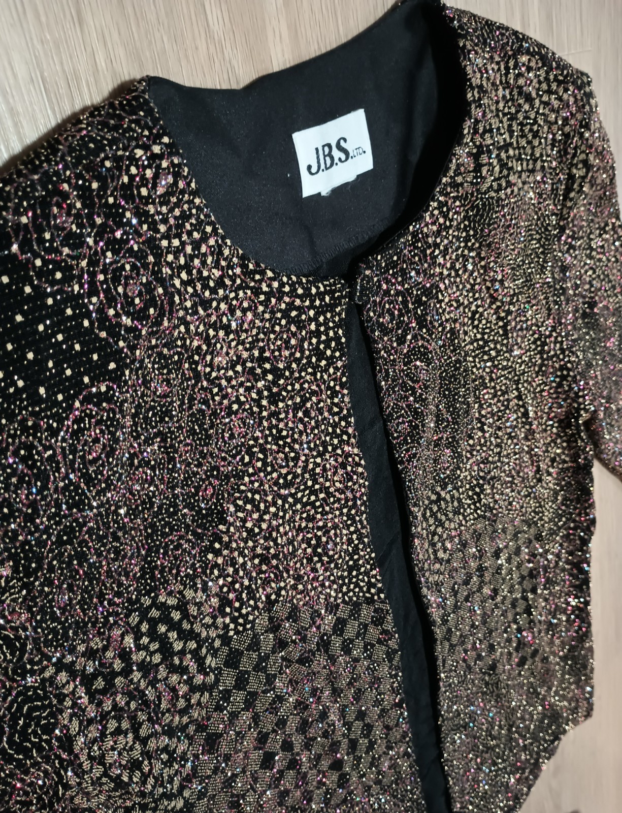 Vtg 80s J.B.S. LTD. Stretchy Metallic Jeweled Sparkly Color Open Front Jacket S
