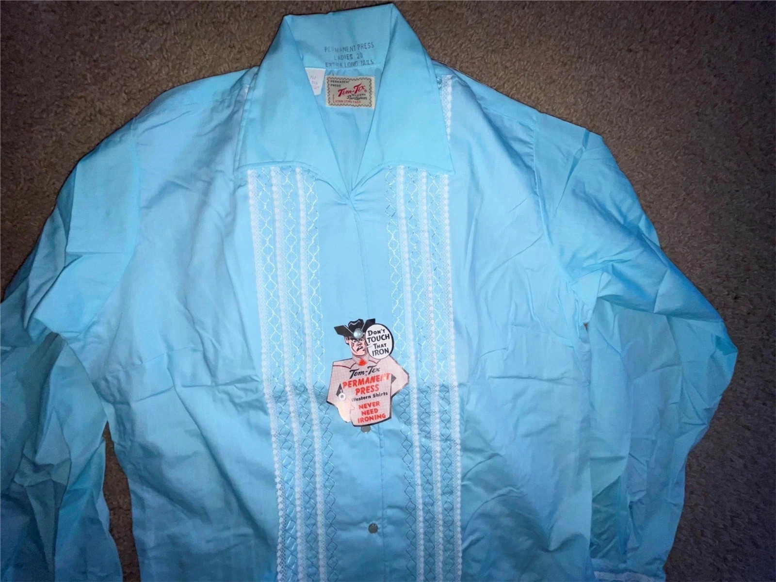 VTG 70S NEW WOMENS SMLXL RUFFLE WESTERN COWBOY BLUE BUTTON SHIRT