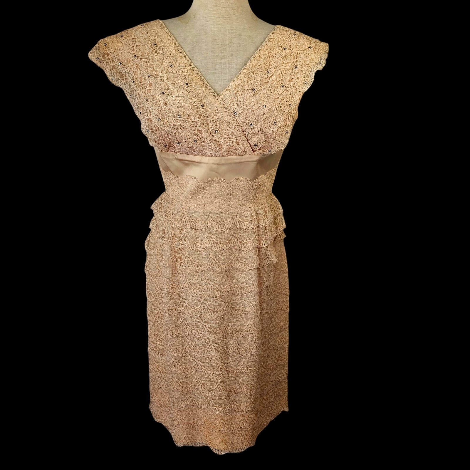 Vintage 50s Handmade Lace Cocktail Dress 6-8 Blush Champagne Rhinestone Accents