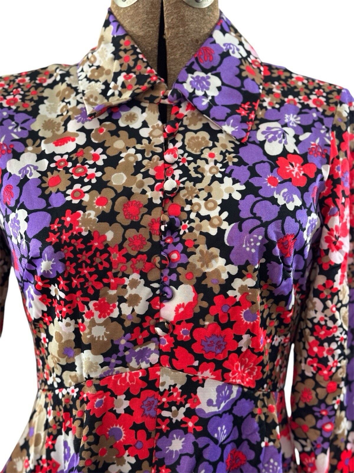 1970’s Flower Print Long Sleeve Button Dress by Avalon Classics Inc.