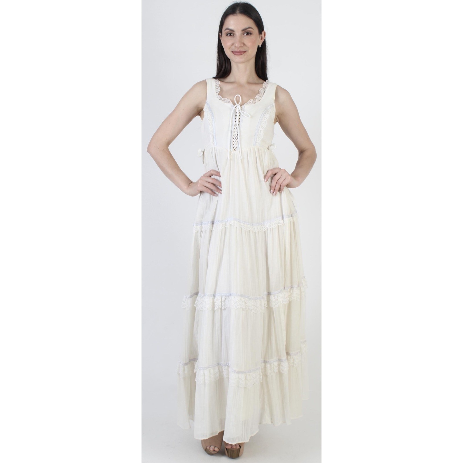 Vtg Gunne Sax Jessica Cream Lace Blue Trim Tiered Maxi Dress Milkmaid Prairie XS