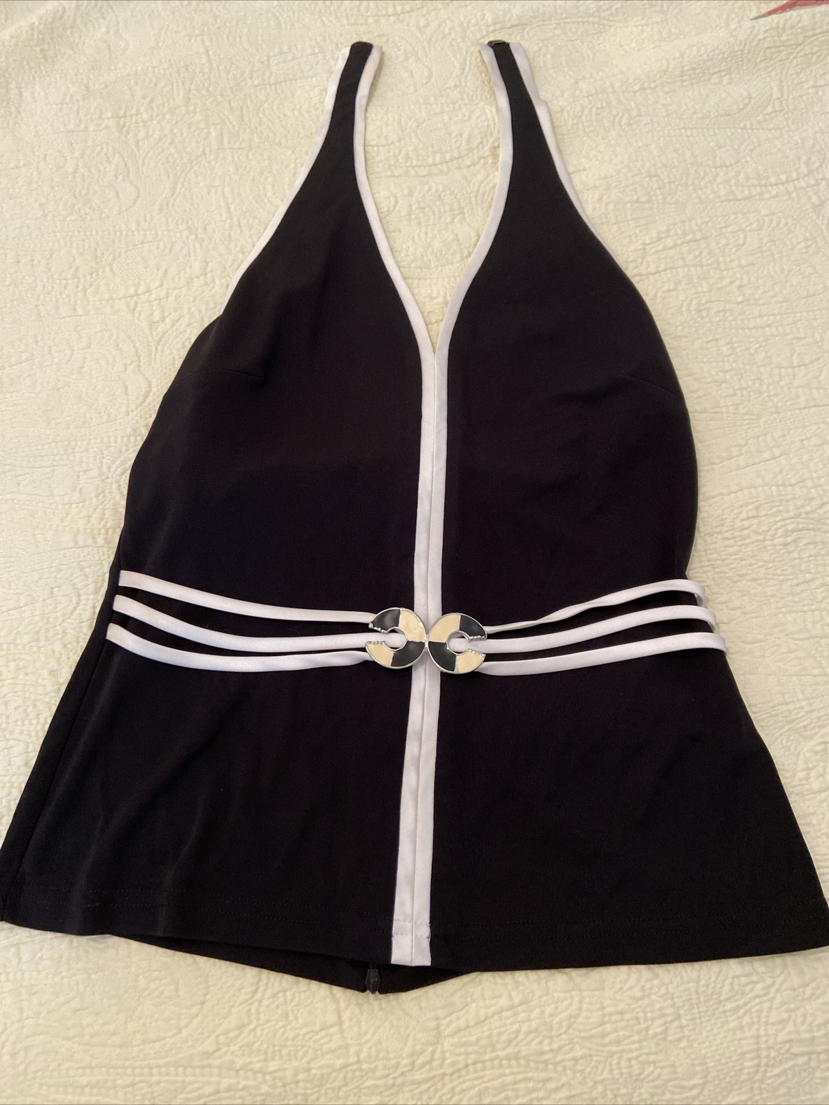 Vtg CHIC JOSEPH RIBKOFF 2 PC Halter Top Skirt Black With White Trim Slit Sz 10