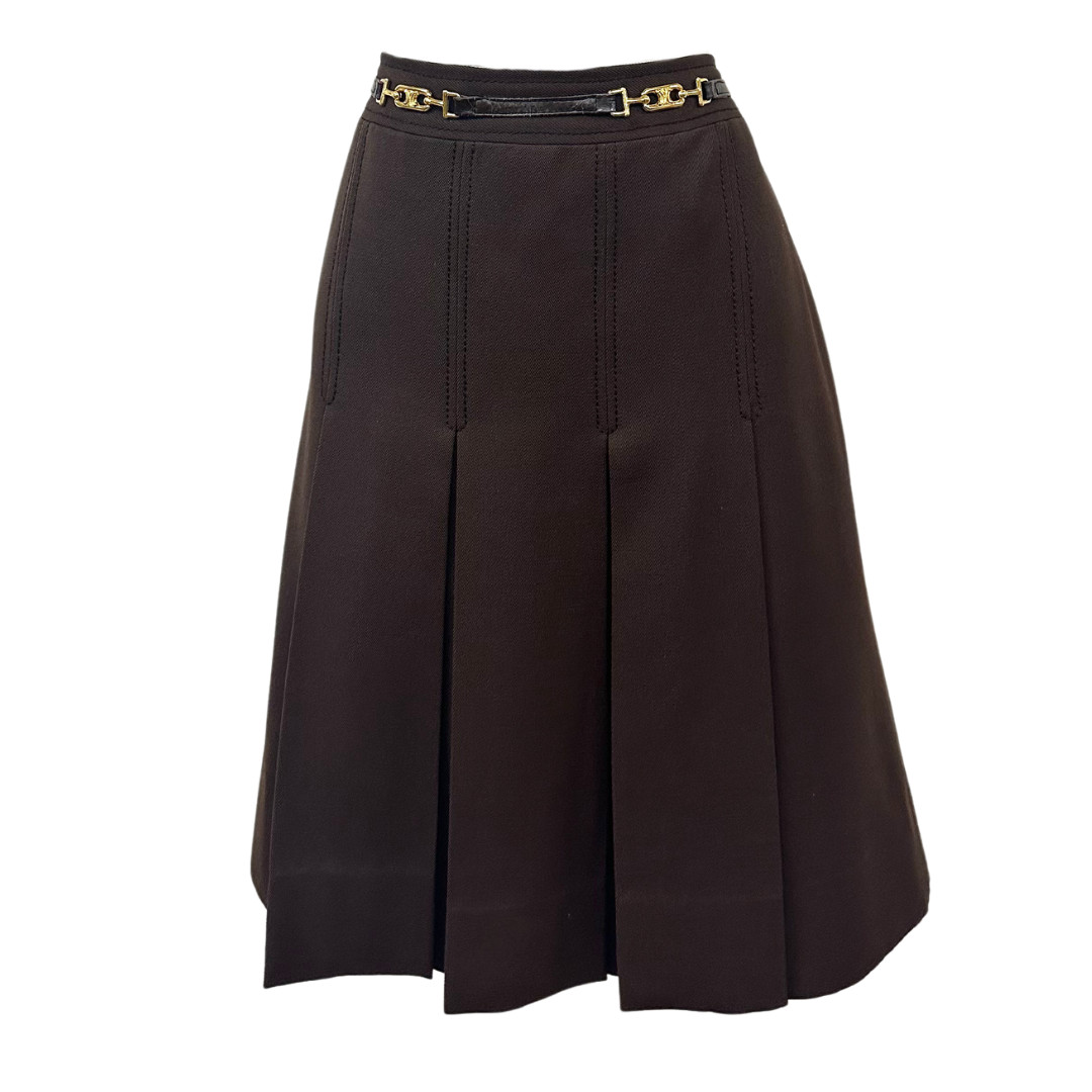 Vintage Celine 70s Wool Horsebit Brown Pleated Skirt