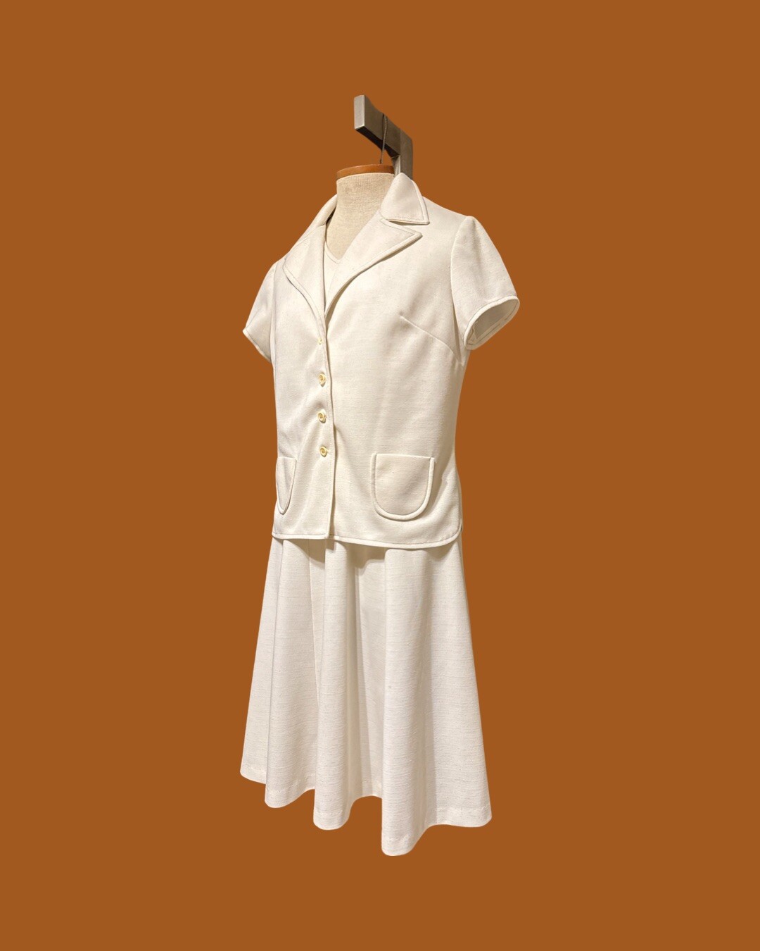 Vintage 70’s Knit Womens Dress Suit Set Brown Stitched Point Collar Haggar S/M