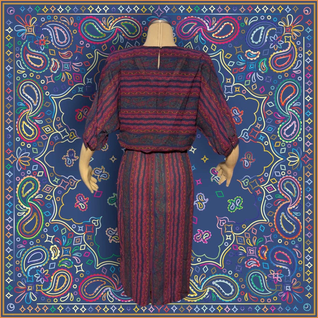 PELLINI By VON BRAMLETT Navy Blue Hot Pink SECRETARY Dress PAISLEY Vintage 80’s