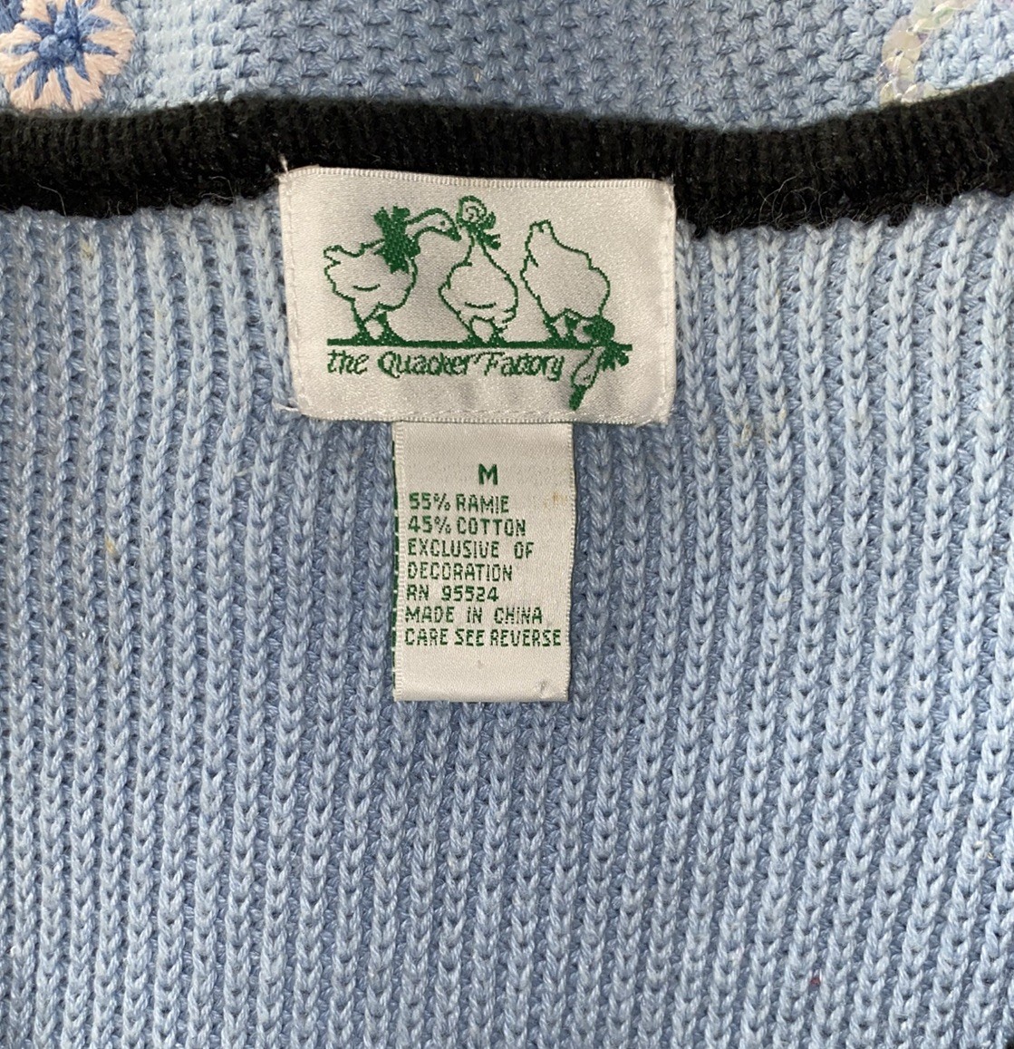 VTG Y2K Quacker Factory Light Blue Flowers Bees Cotton CottageCore Cardigan Sz M