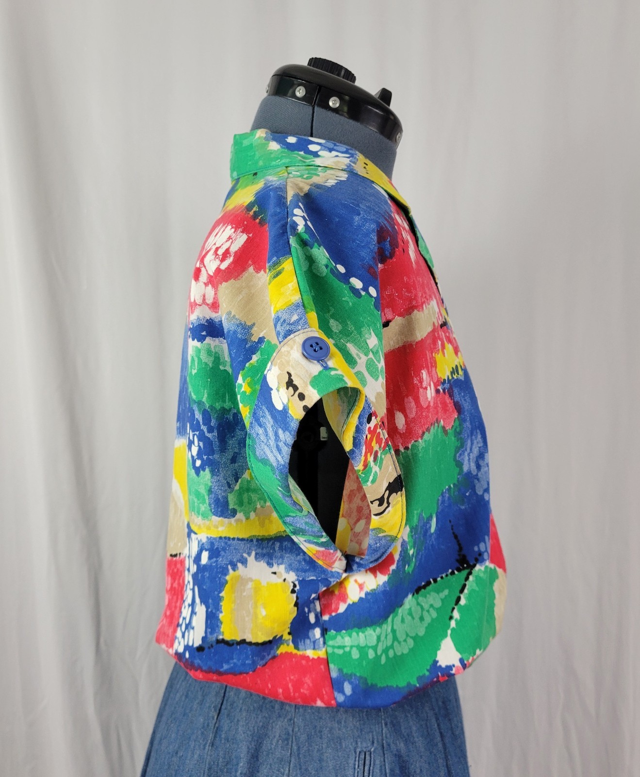 Vintage Ecco Bay Red/Yellow/Green/Blue/Tan S/S Button Down Top Size Med