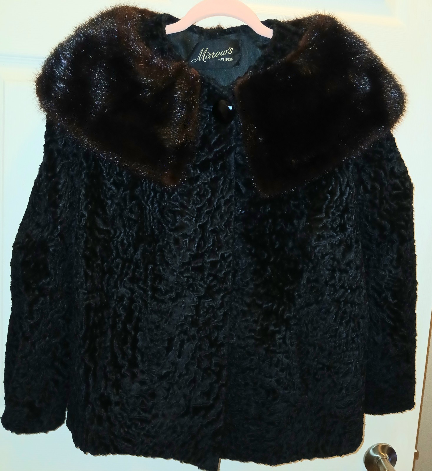 Mirrow’s Furs Women’s Medium Vintage Jacket Persian Lamb Mink Collar Black Brown
