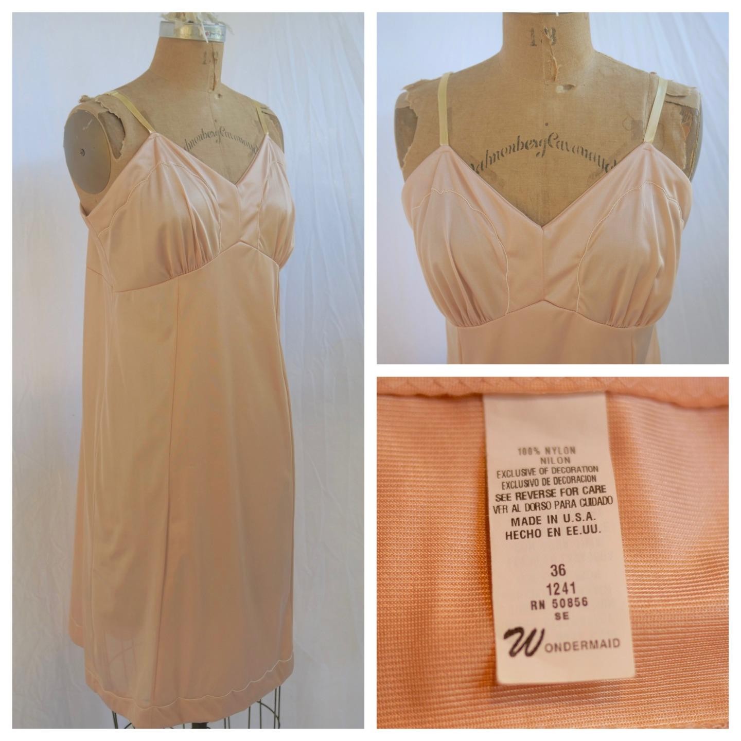 vtg WONDER MAID Nude Nylon Full Slip Dress Scalloped Embroidery USA Mod 36 M/L