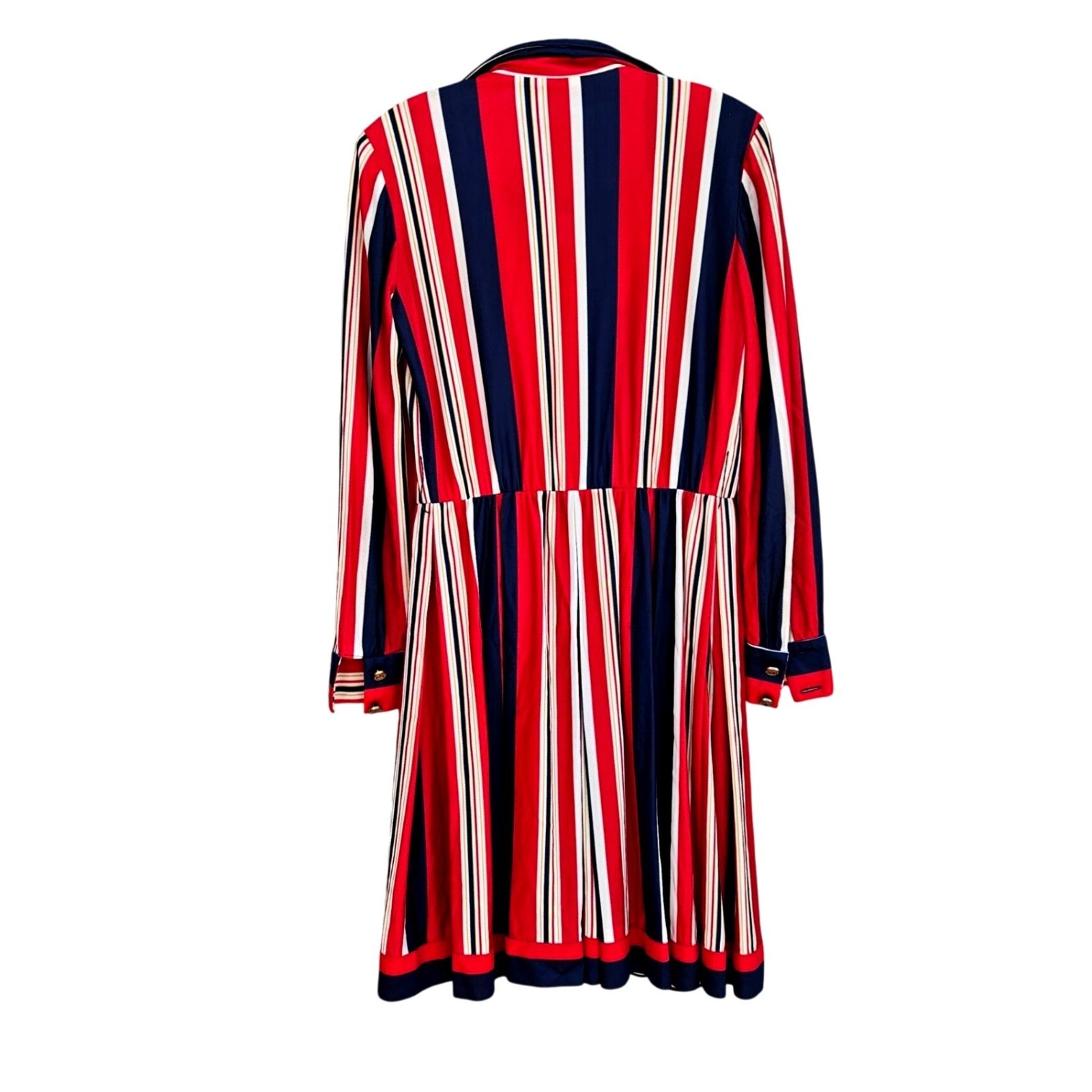 Vintage 70s California Stripe Nylon Knit Dress Red White Blue Zip Front Womens M
