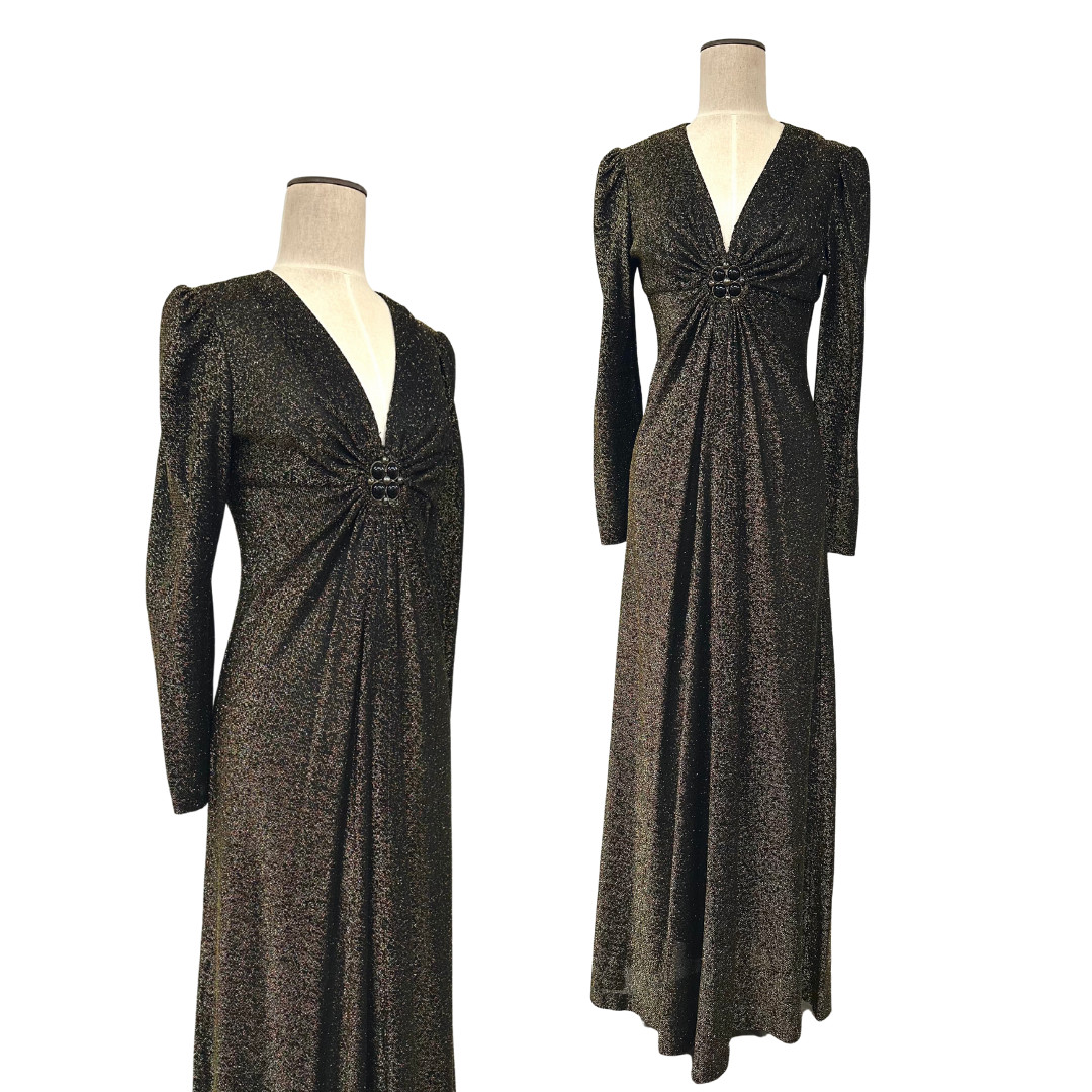 Vintage 1970s Corky Craig California Black and Gold Metallic Lurex Disco Dress