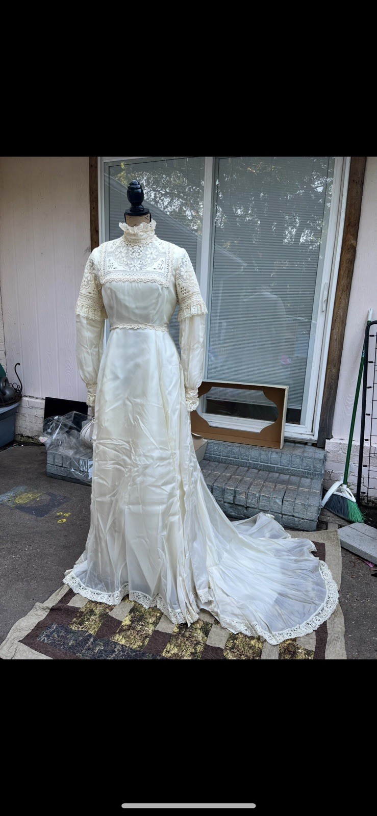 Vtg 70s Victorian Boho Wedding dress high neck beaded lace Cottage Core Prairie￼
