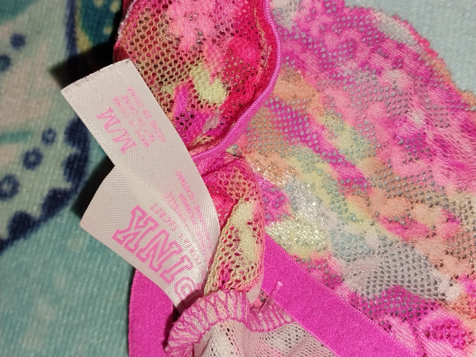 Vtg PINK VS Floral Neon Mesh Nylon Silky Rouched Bralette Lacy Bra NEW M Couette