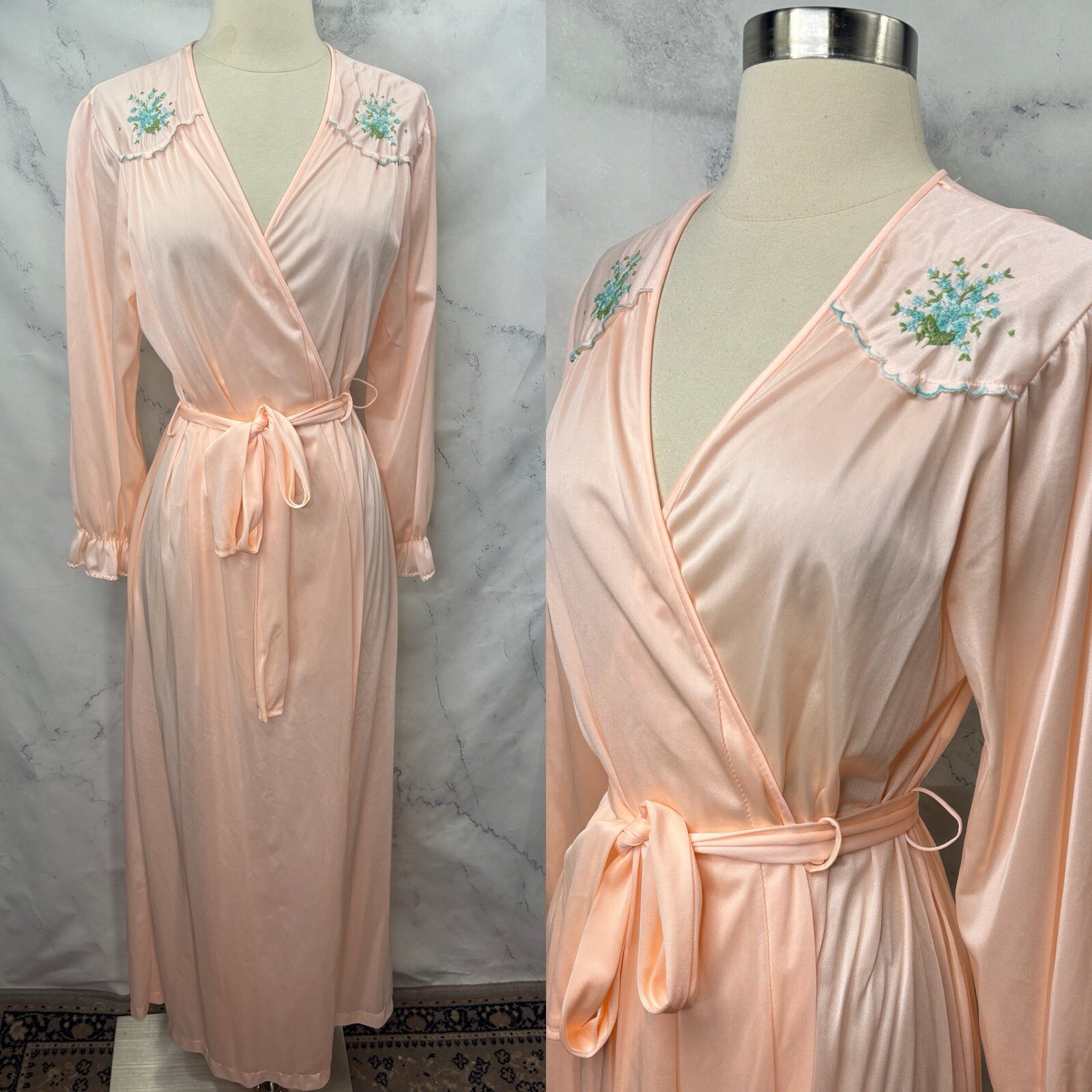 Vtg 70s Peach Nylon Robe Dressing Gown Dress Ethereal Floral Embroidered MCM S/M