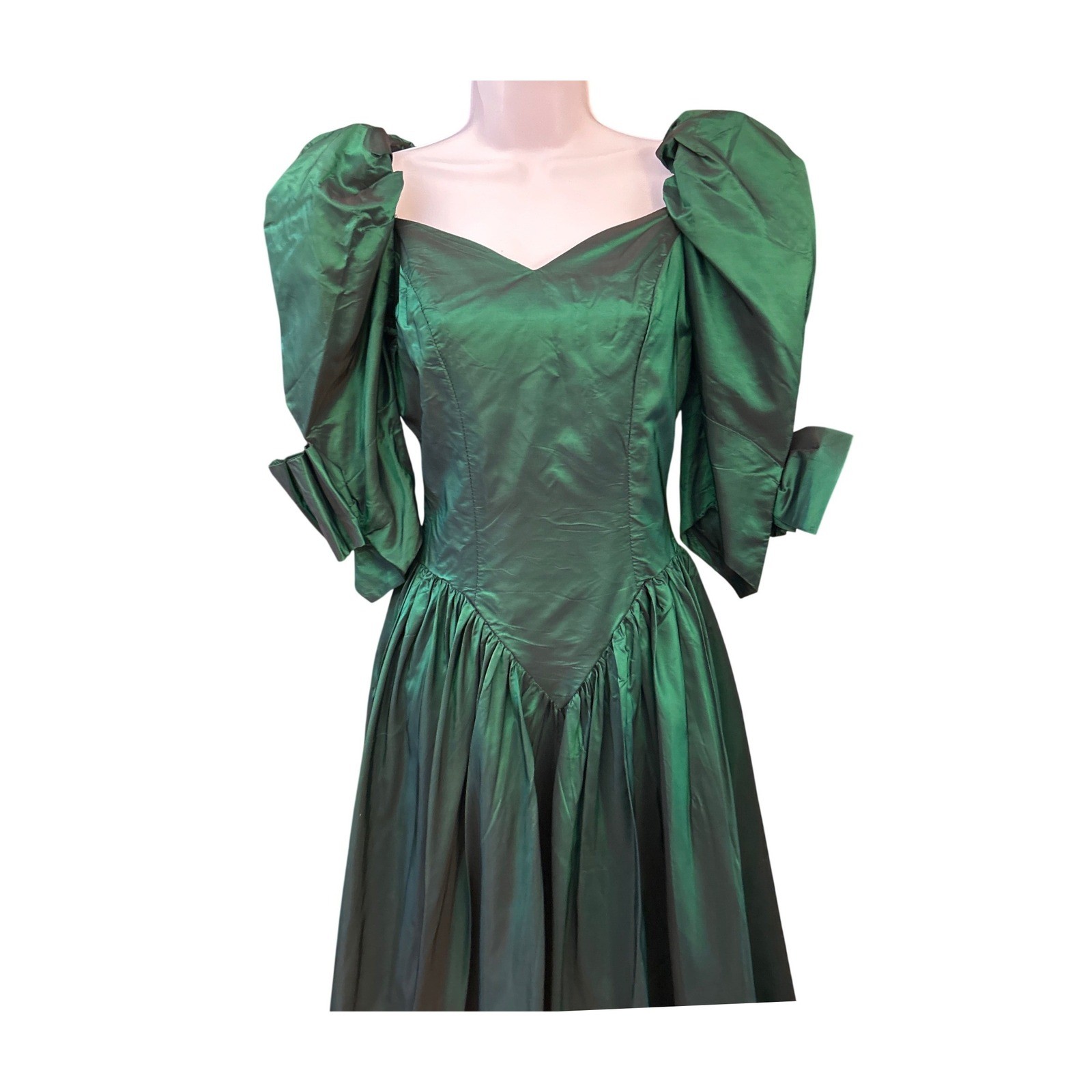 80s Unbranded Taffeta Dress Emerald Green Puff Sleeve Prom Party Gown Vintage