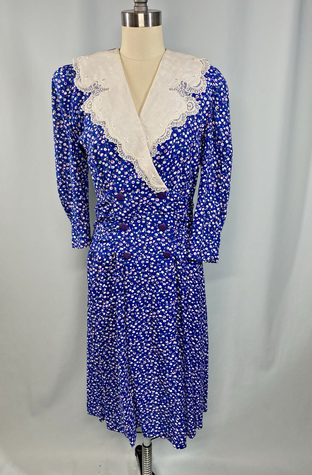 Vintage Dress SIZE 4 Small blue floral KARIN STEVENS 80s 90s church Rayon