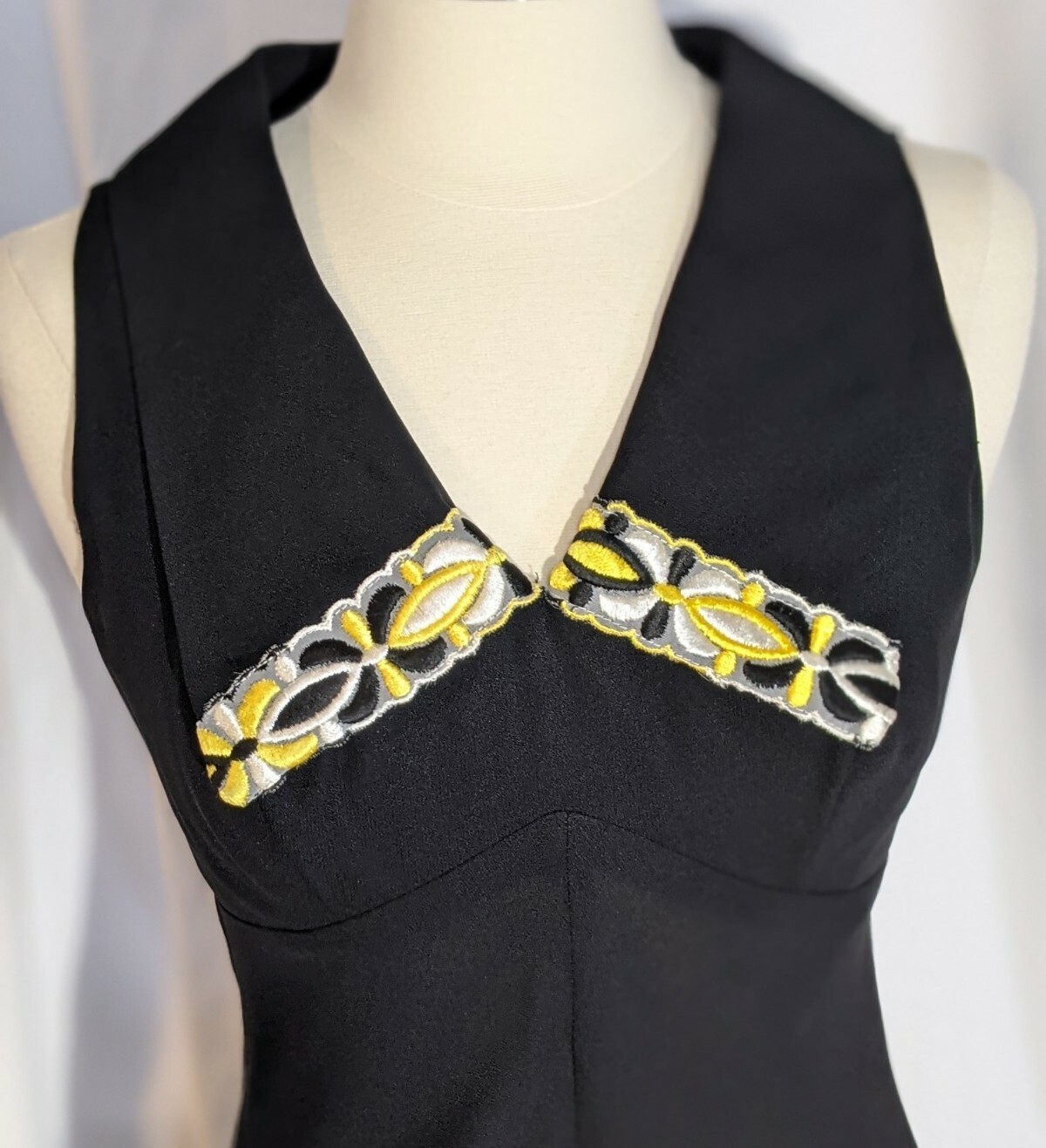 70s Boho Disco Black Yellow Embroidered Maxi Dress ILGWU Union Sz S M Vtg 12