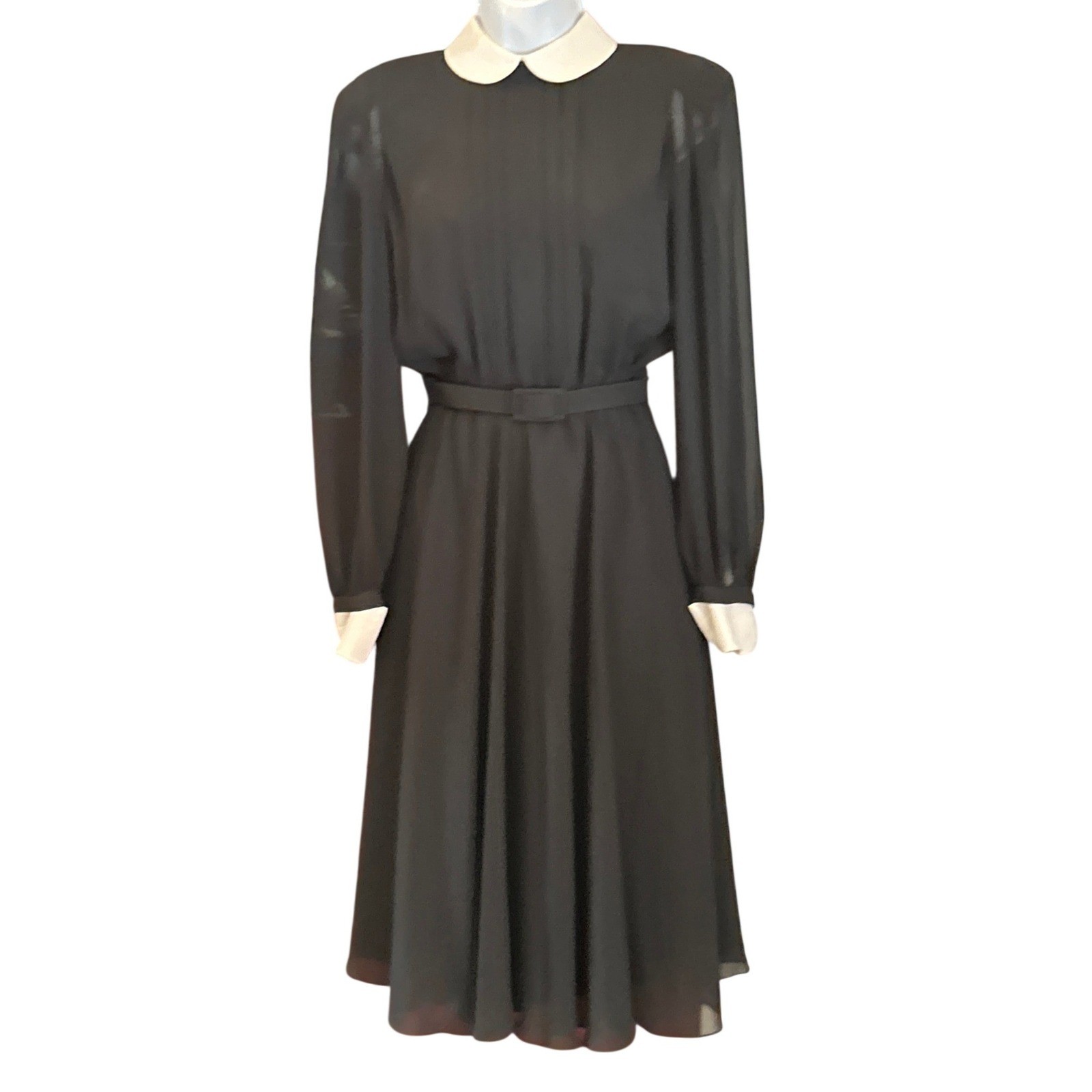Vintage Pierre Cardin Boutique Wednesday Black Dress White Collar Minimalist 70s