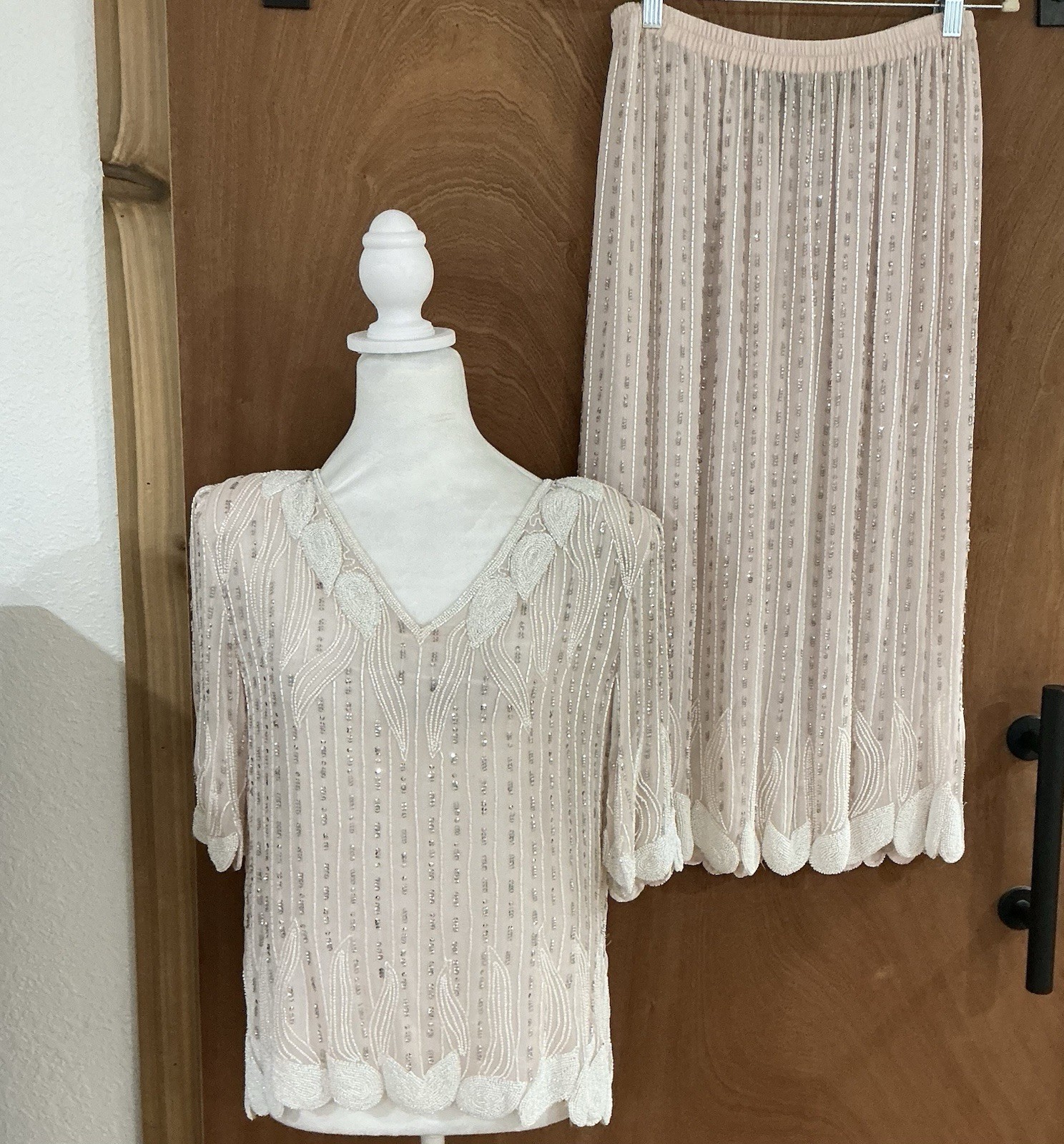 VTG 80’s Beaded Blush Silk Ensemble 1920s Flapper Style Size Med. Hollywood Glam