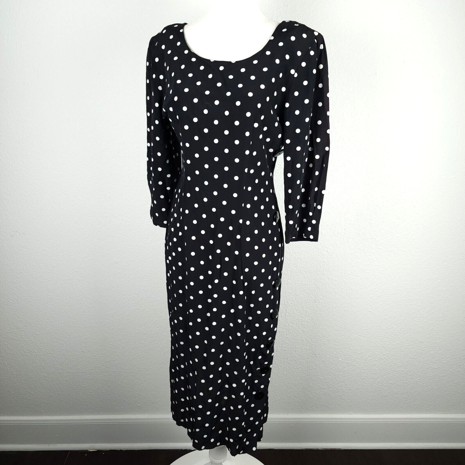 Vintage 80s 1940s DiamondsRun Black White Midi Pencil Dress Long Sleeve PolkaDot