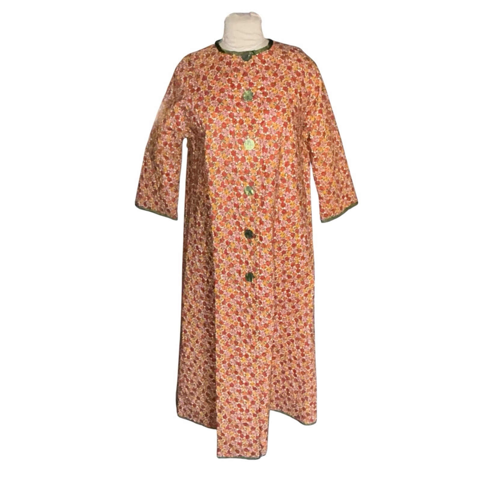 Vintage 1960s Orange Floral MCM Quilted A-Line Housecoat Robe Hand Made Size XL